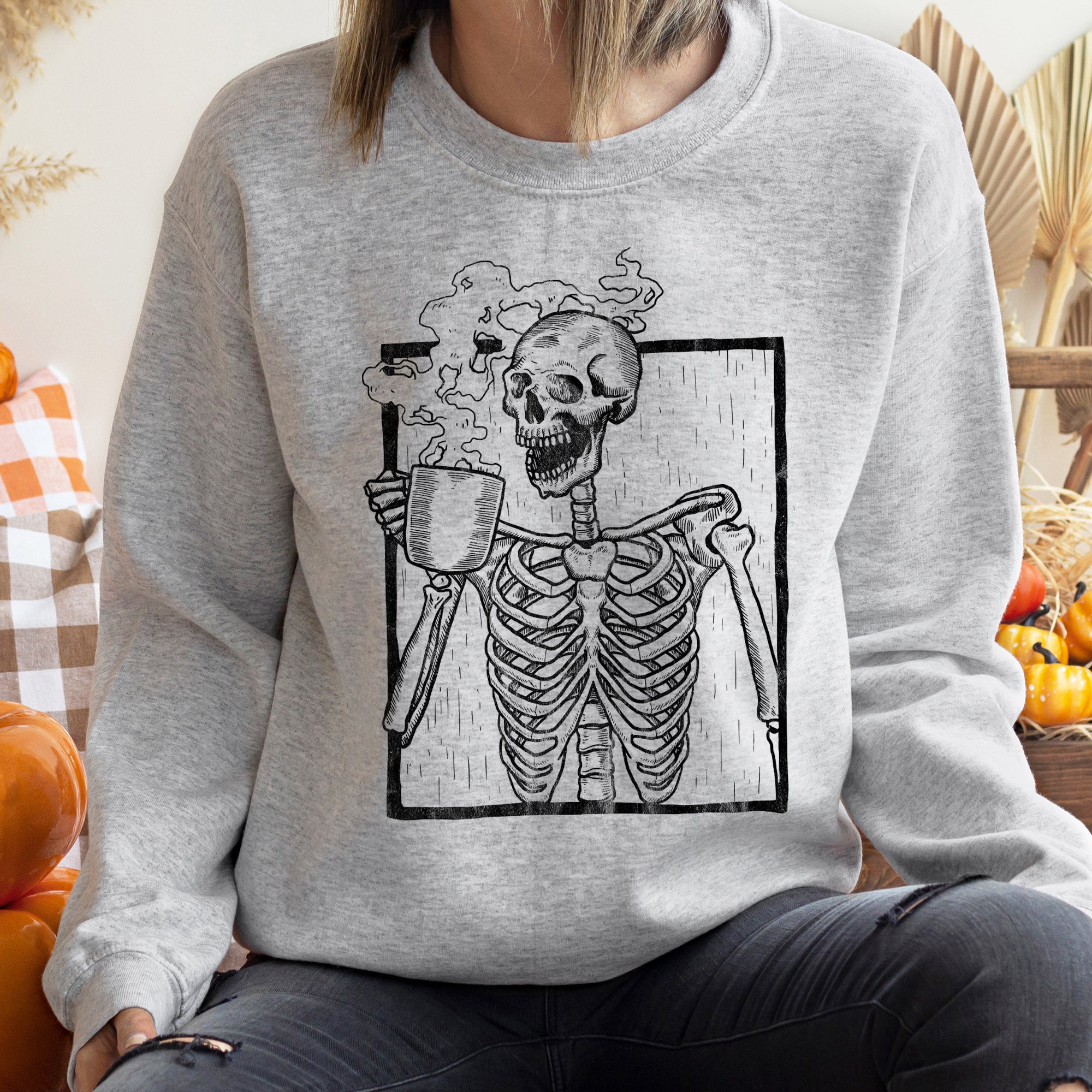 Skeleton Coffee Vintage Halloween All Hallows Eve Midnight Sketch Graphic Sweatshirt