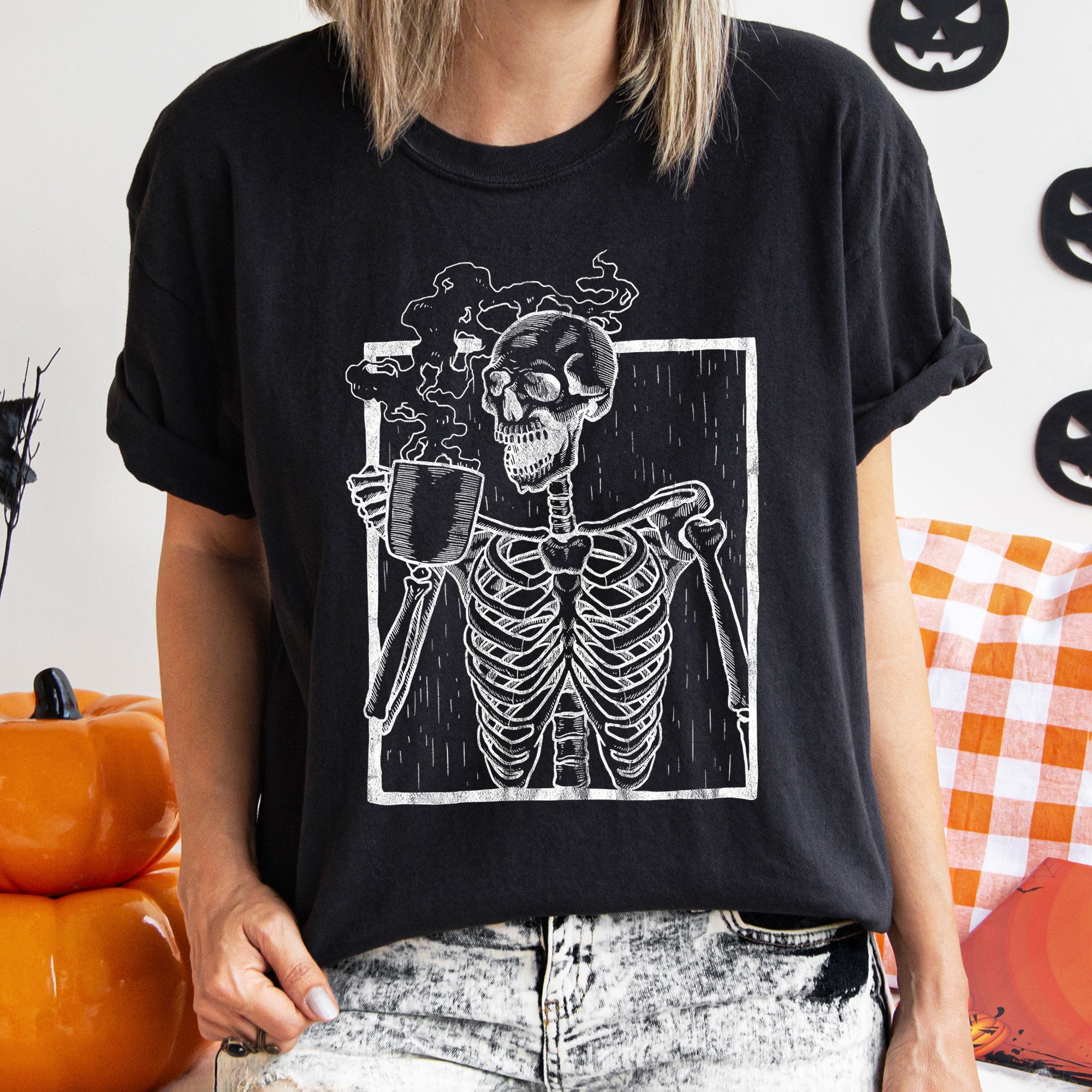 Skeleton And Coffee Retro Halloween Comfort Colors Tee