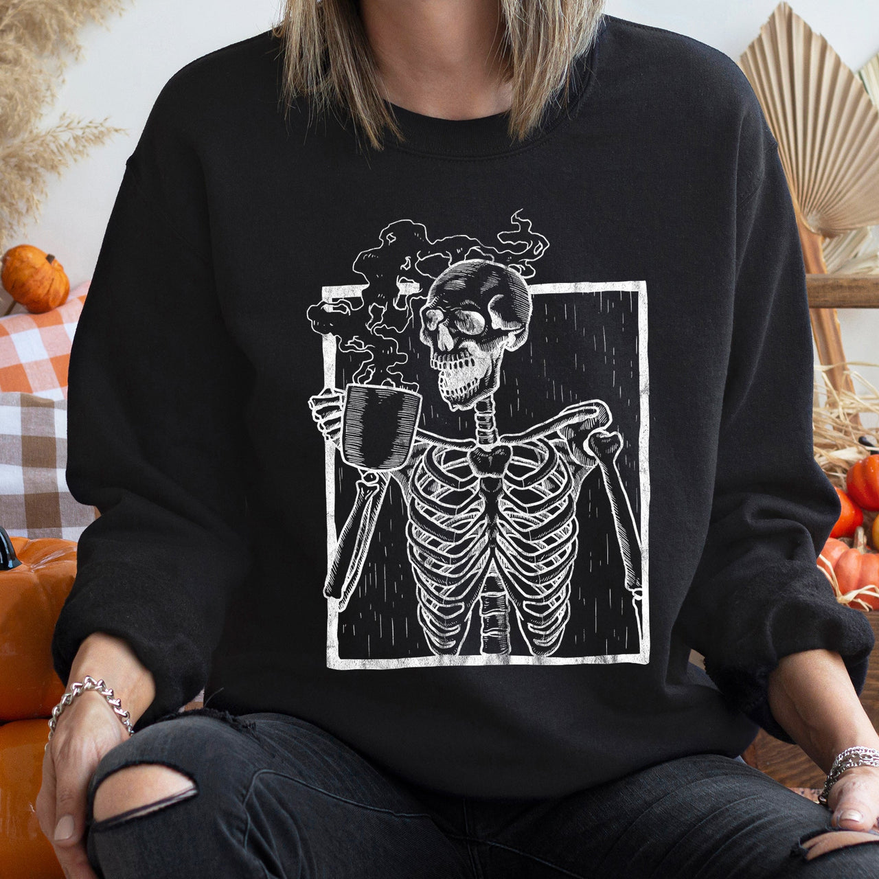 Skeleton Coffee Halloween Haunted Mug Steam Graphic Illustration Vintage Sweatshirt