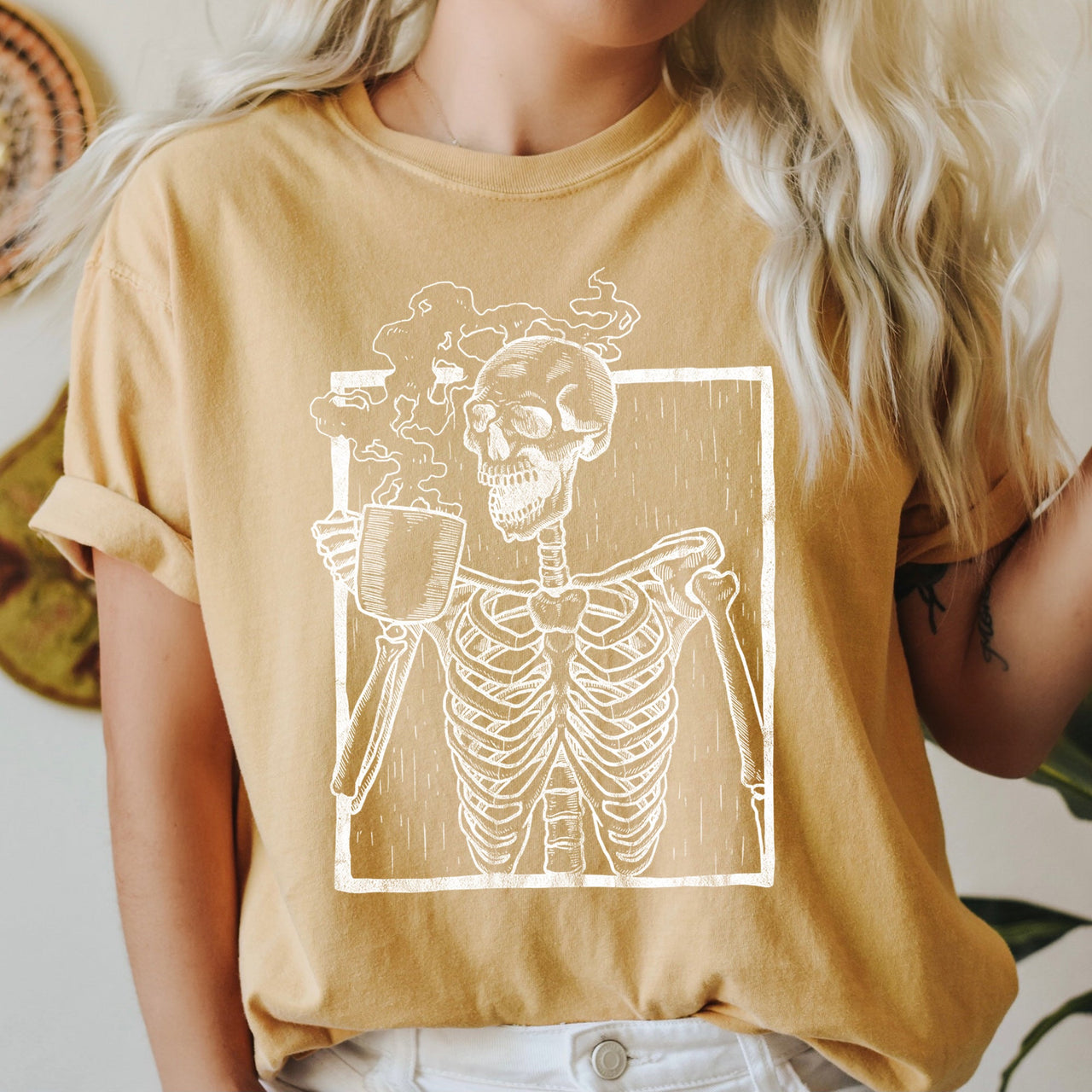 Skeleton And Coffee Retro Halloween Comfort Colors Tee