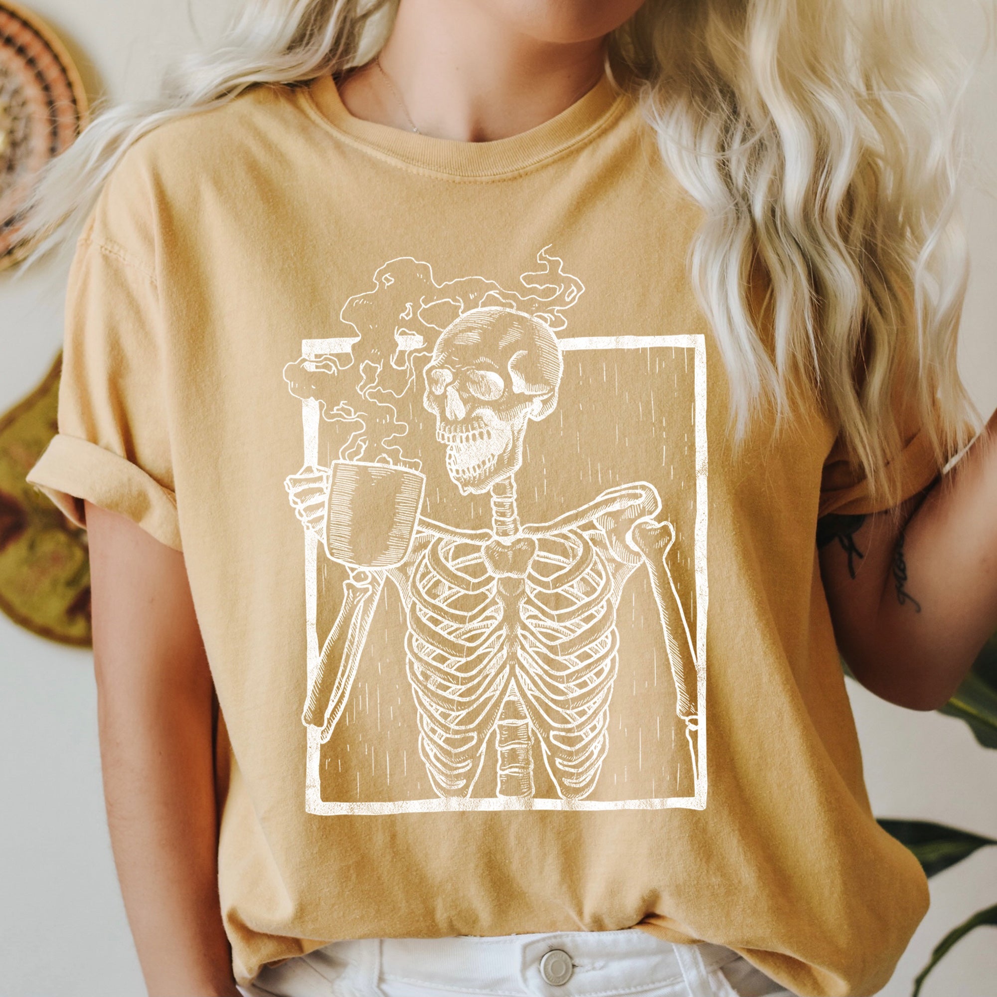 Skeleton And Coffee Retro Halloween Comfort Colors Tee