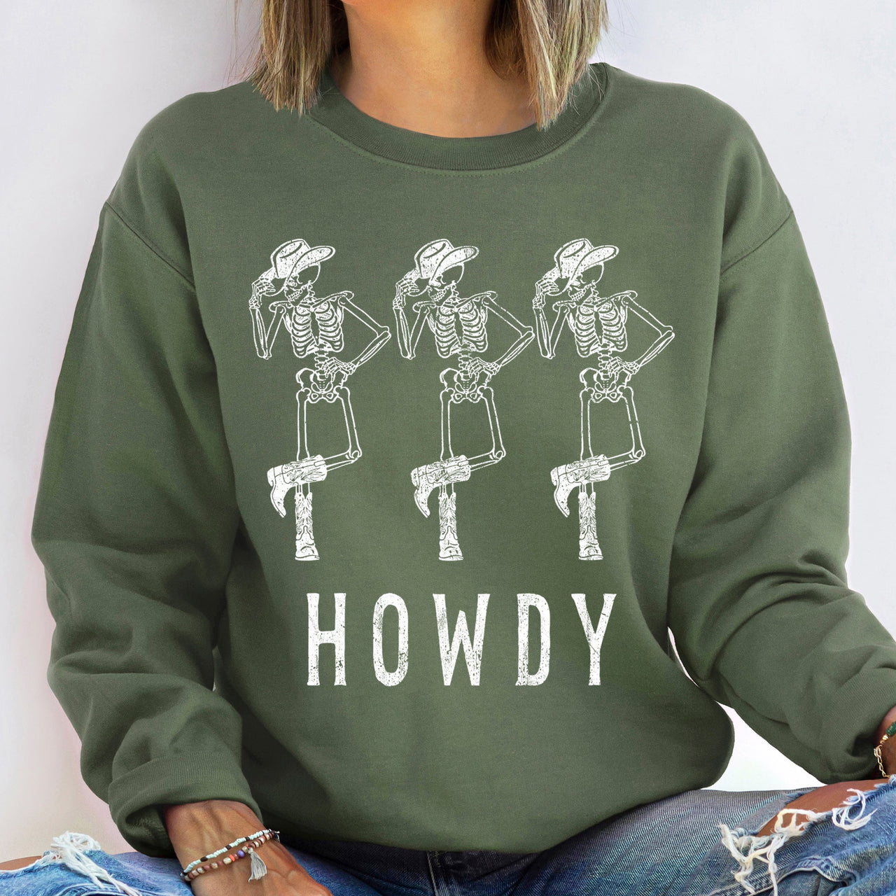 Howdy Cowboy Vintage Halloween Graphic Print Cozy Brushed Fleece Relaxed Fit Sweatshirt
