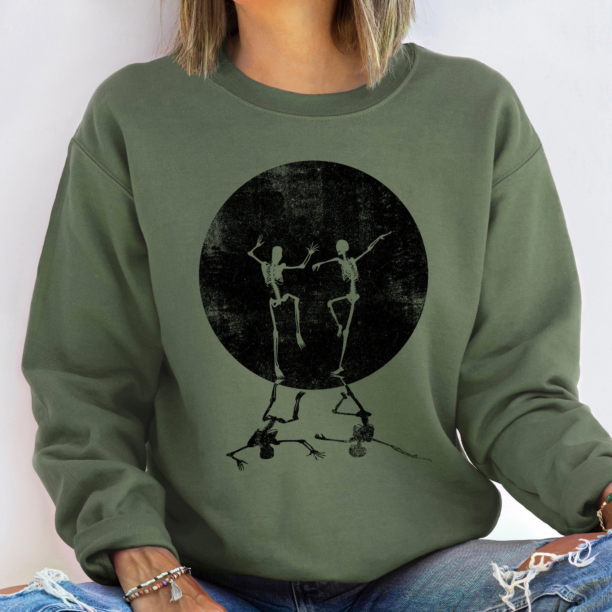 Skeleton Dancing Moon Vintage Halloween Night Scene With Moonlight Orbs And Shadowy Figures Sweatshirt