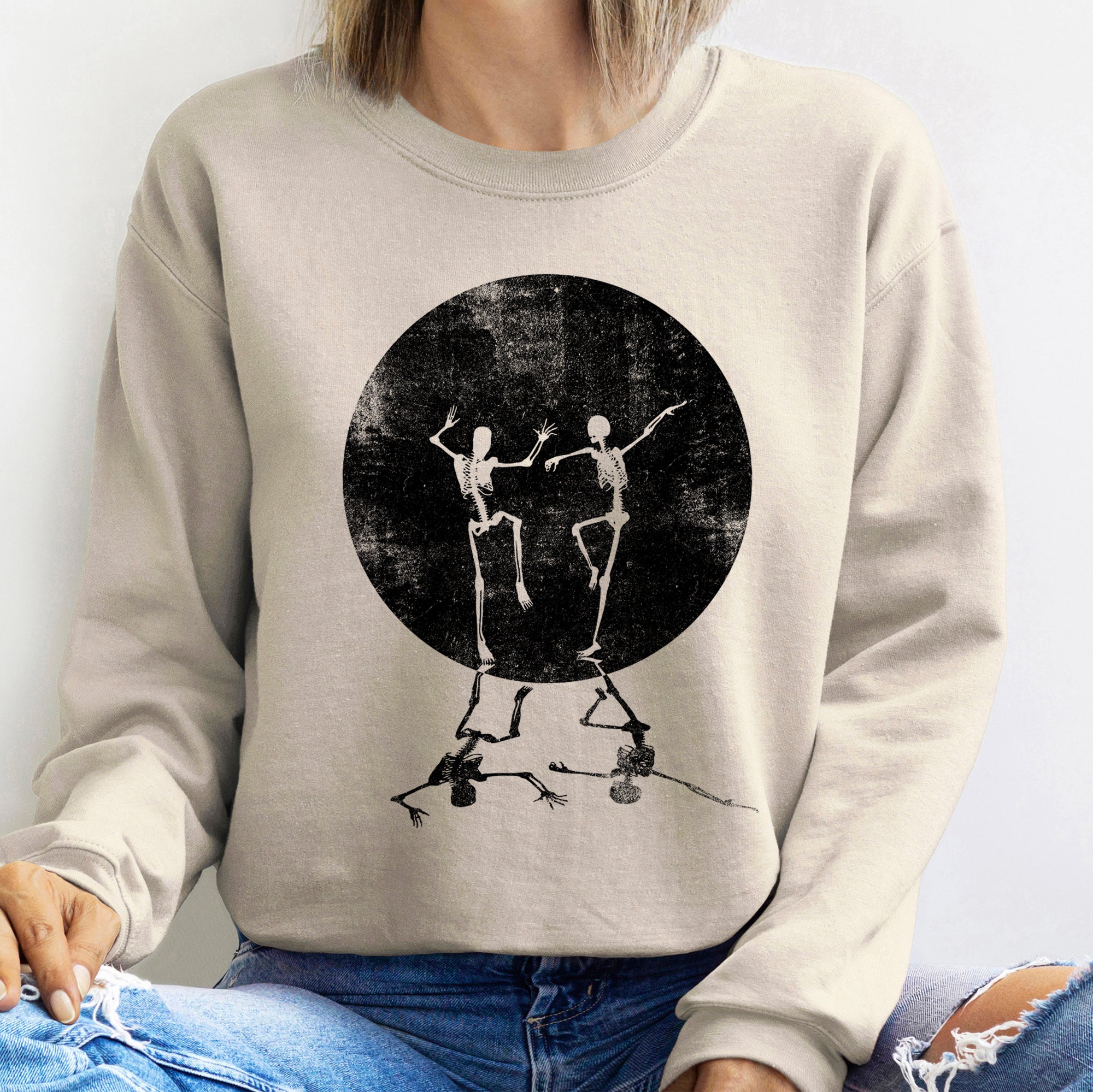 Skeleton Dancing Moon Vintage Halloween Night Scene With Moonlight Orbs And Shadowy Figures Sweatshirt