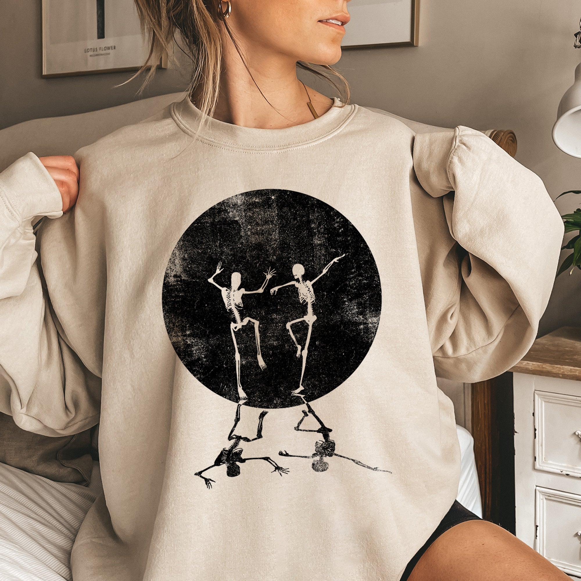 Skeleton Dancing Moon Vintage Halloween Night Scene With Moonlight Orbs And Shadowy Figures Sweatshirt