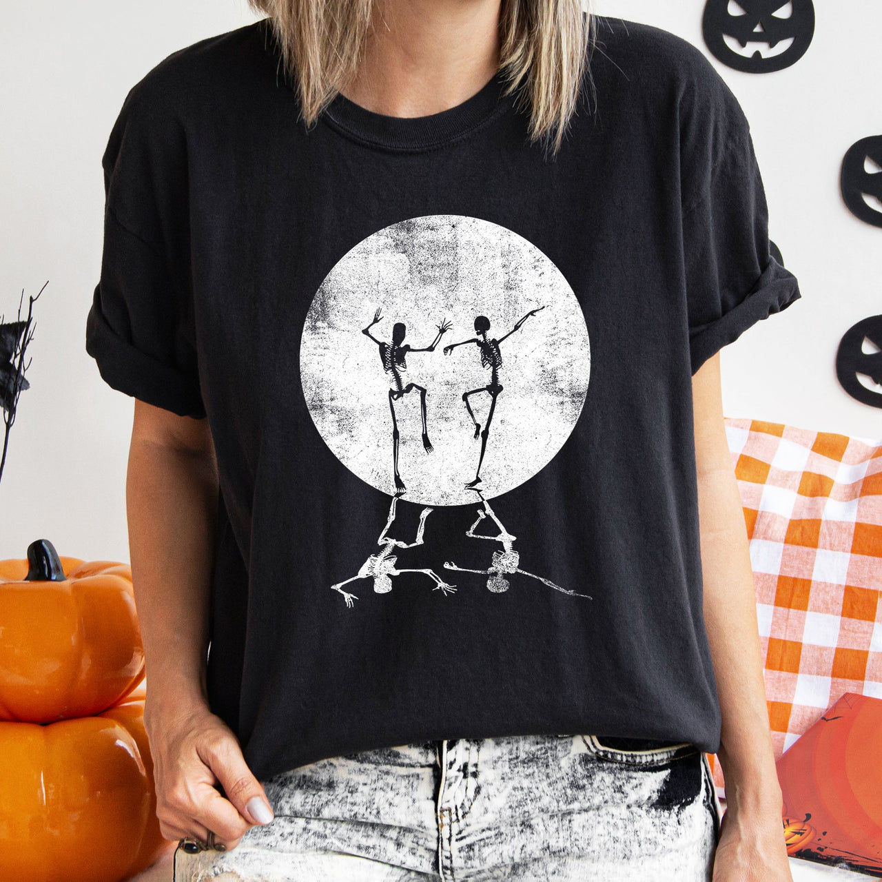 Skeletons Dancing Moonlight Retro Halloween Night Scene Artwork Comfort Colors Tee