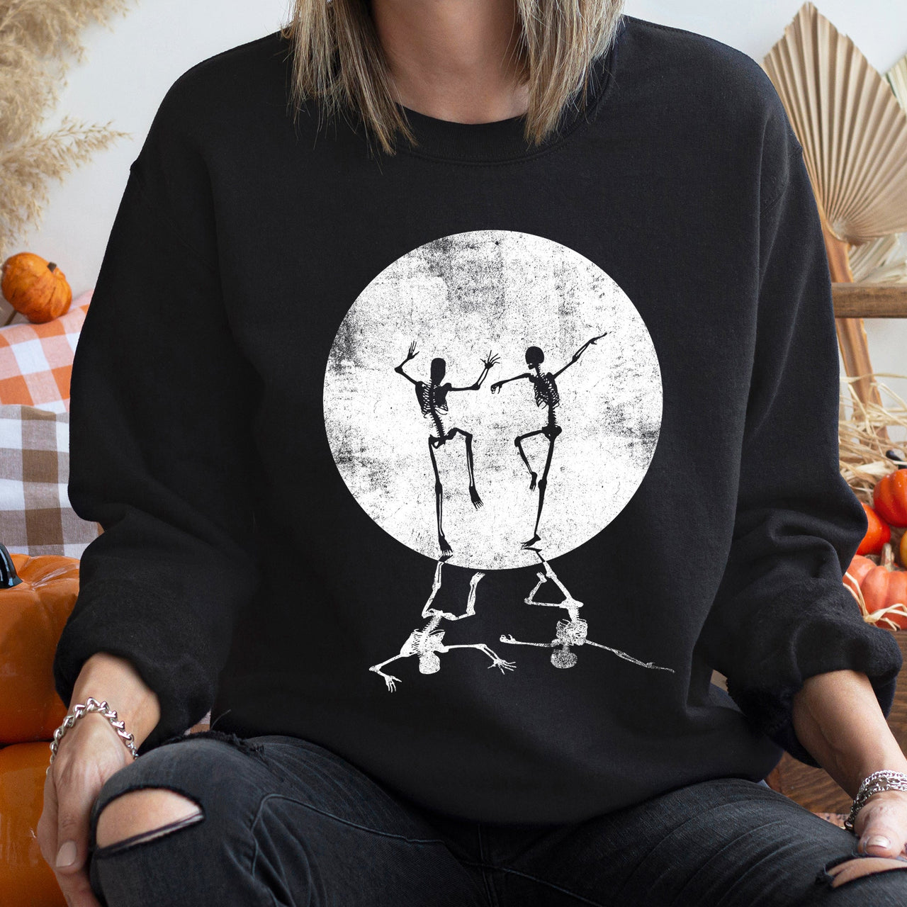 Skeleton Dancing Moon Halloween Vintage Cozy Graphic Portrait Moonlit Night Scene Sweatshirt