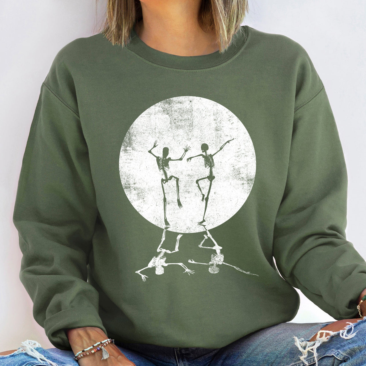 Skeleton Dancing Moon Halloween Vintage Cozy Graphic Portrait Moonlit Night Scene Sweatshirt