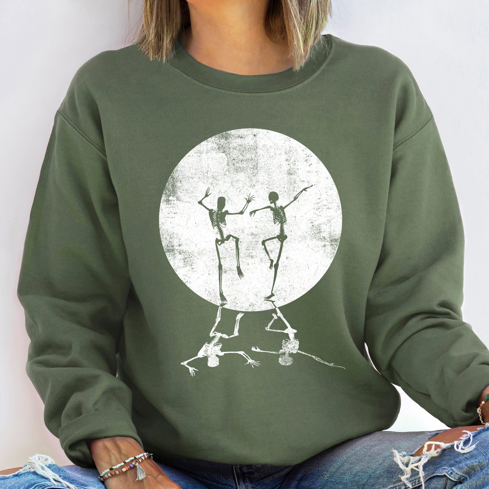 Skeleton Dancing Moon Halloween Vintage Cozy Graphic Portrait Moonlit Night Scene Sweatshirt