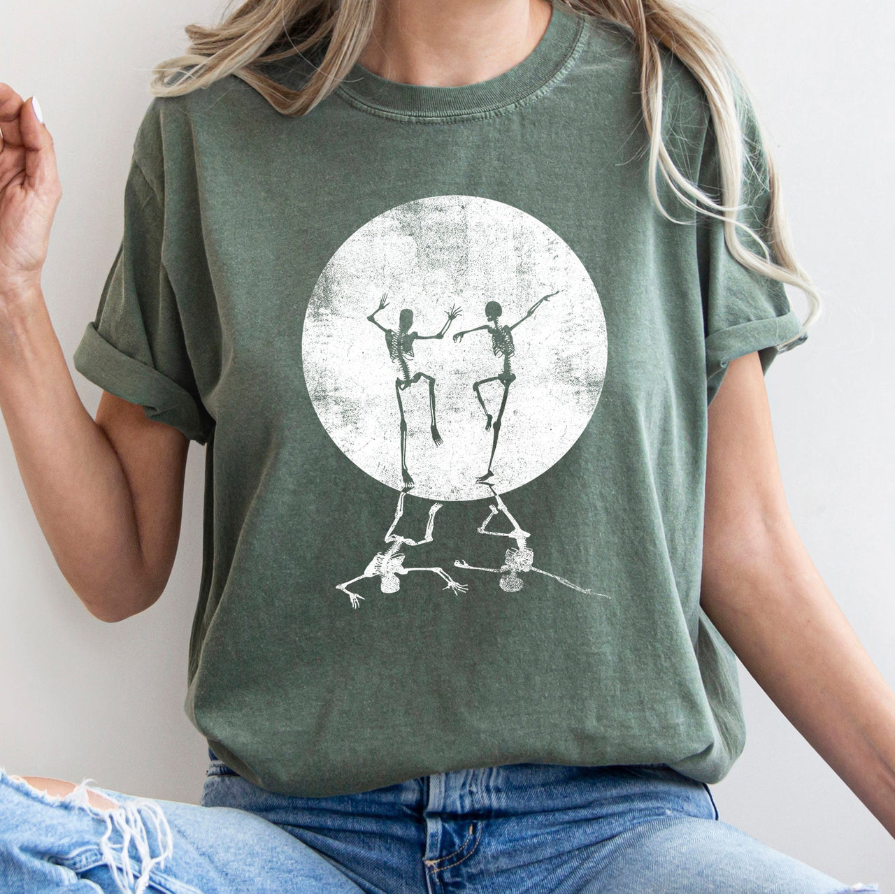 Skeletons Dancing Moonlight Retro Halloween Night Scene Artwork Comfort Colors Tee