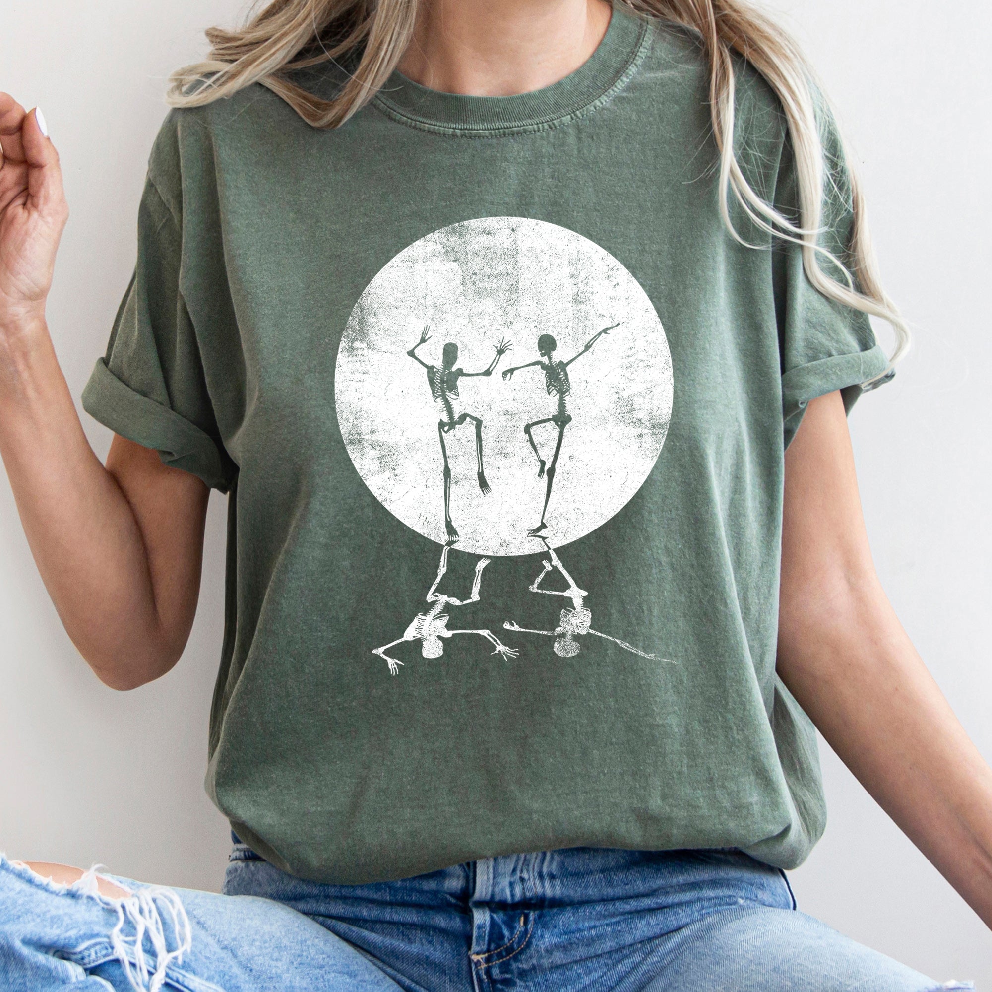 Skeletons Dancing Moonlight Retro Halloween Night Scene Artwork Comfort Colors Tee