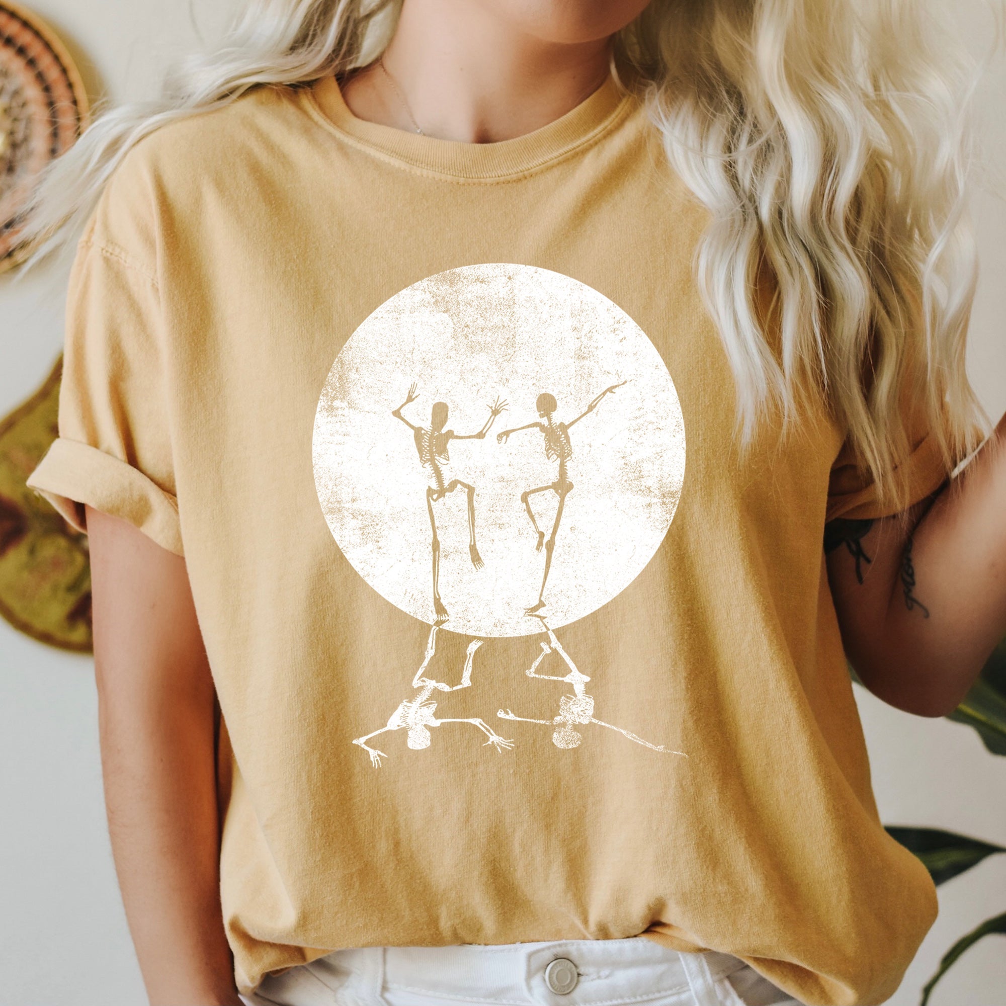 Skeletons Dancing Moonlight Retro Halloween Night Scene Artwork Comfort Colors Tee