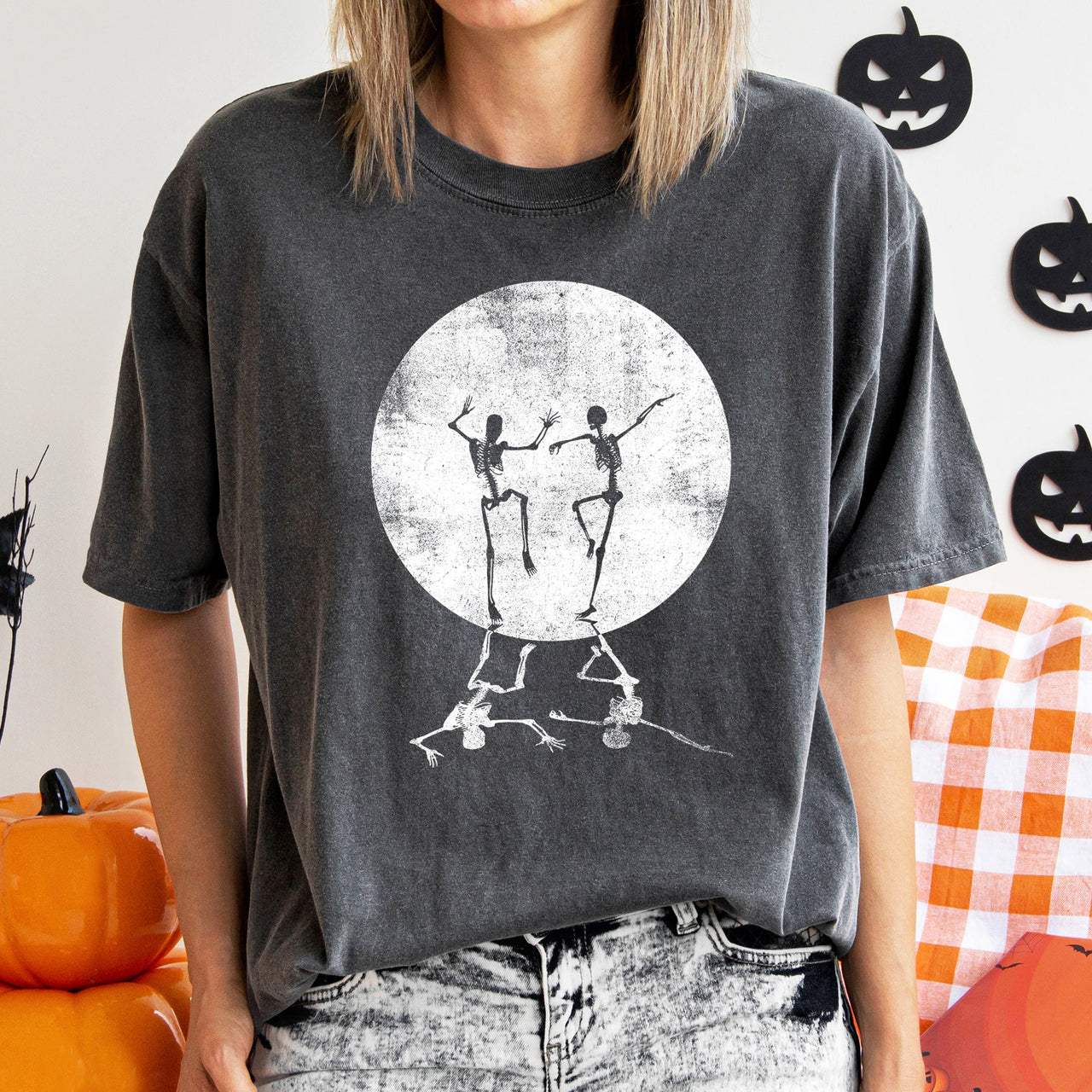 Skeletons Dancing Moonlight Retro Halloween Night Scene Artwork Comfort Colors Tee