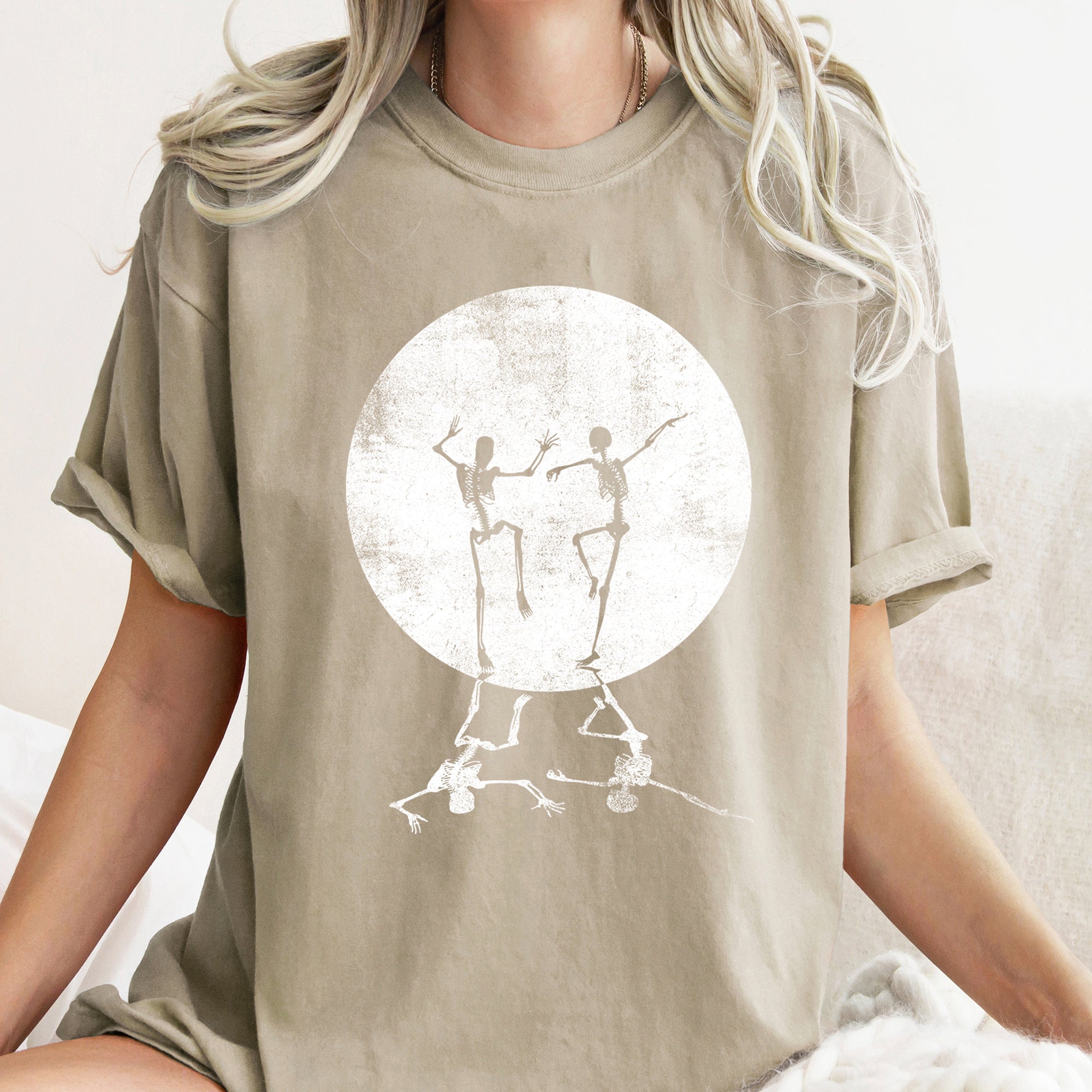 Skeletons Dancing Moonlight Retro Halloween Night Scene Artwork Comfort Colors Tee