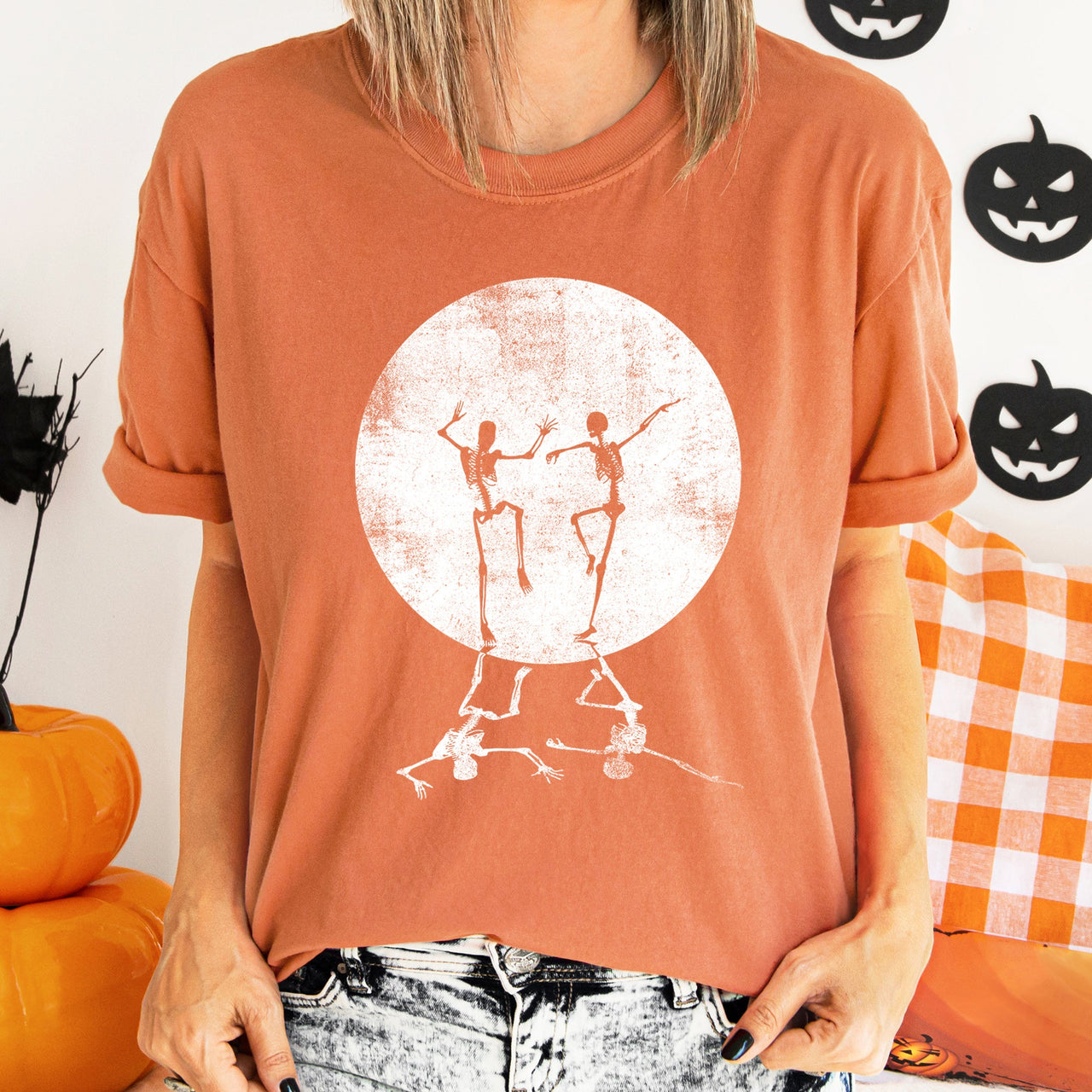 Skeletons Dancing Moonlight Retro Halloween Night Scene Artwork Comfort Colors Tee