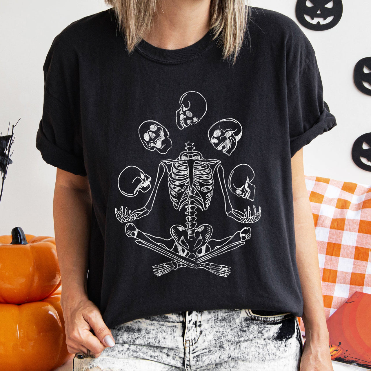 Skeleton Juggling Retro Halloween Night Party Scene Illustration Comfort Colors Tee