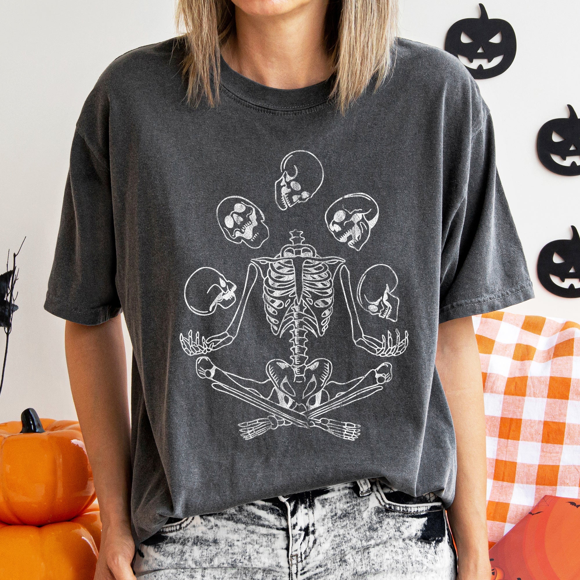 Skeleton Juggling Retro Halloween Night Party Scene Illustration Comfort Colors Tee