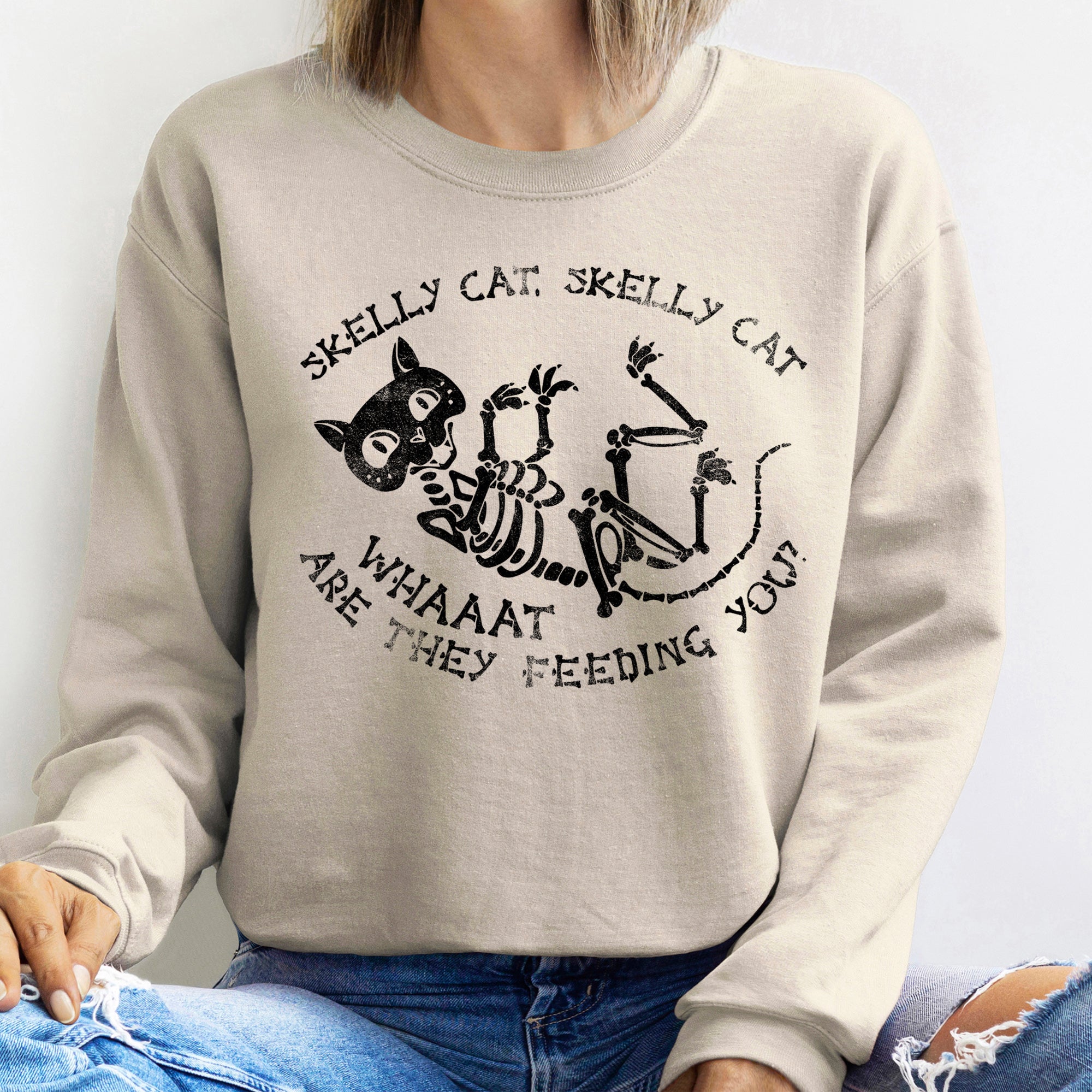 Skelly Cat Vintage Halloween Ghost Illustration With Moonlit Cemetery Scene Cozy Sweatshirt