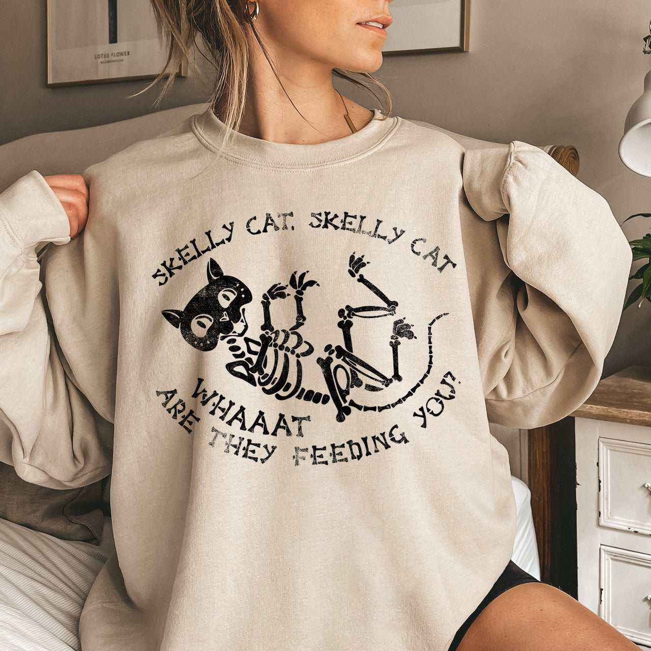 Skelly Cat Vintage Halloween Ghost Illustration With Moonlit Cemetery Scene Cozy Sweatshirt