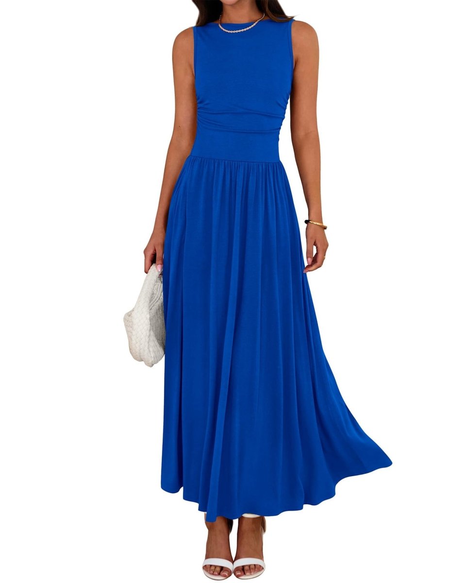Sleeveless Gathered Waist Maxi Dress with Pockets(MA395)
