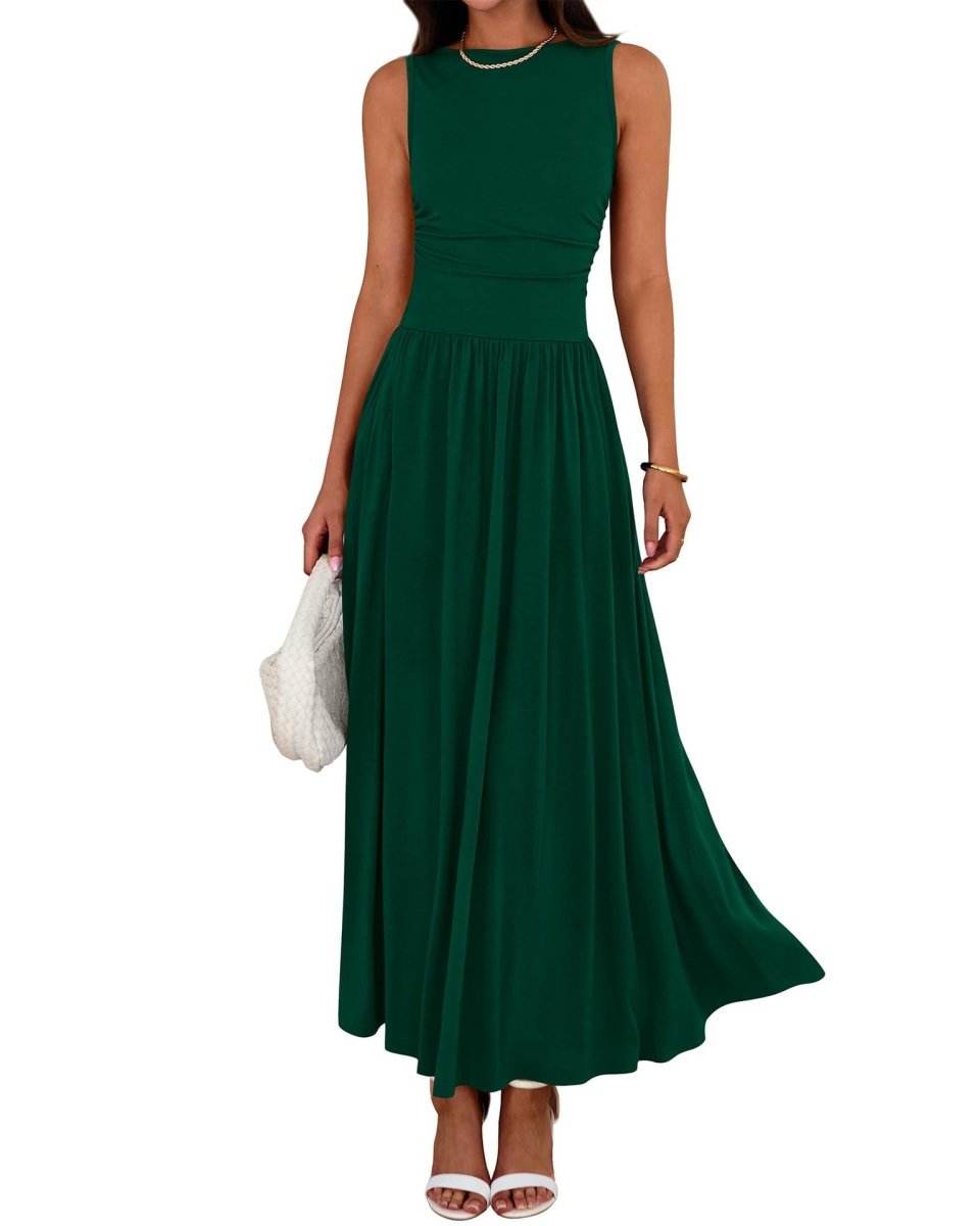 Sleeveless Gathered Waist Maxi Dress with Pockets(MA395)