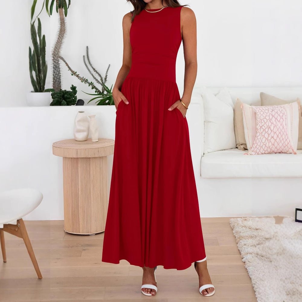 Sleeveless Gathered Waist Maxi Dress with Pockets(MA395)