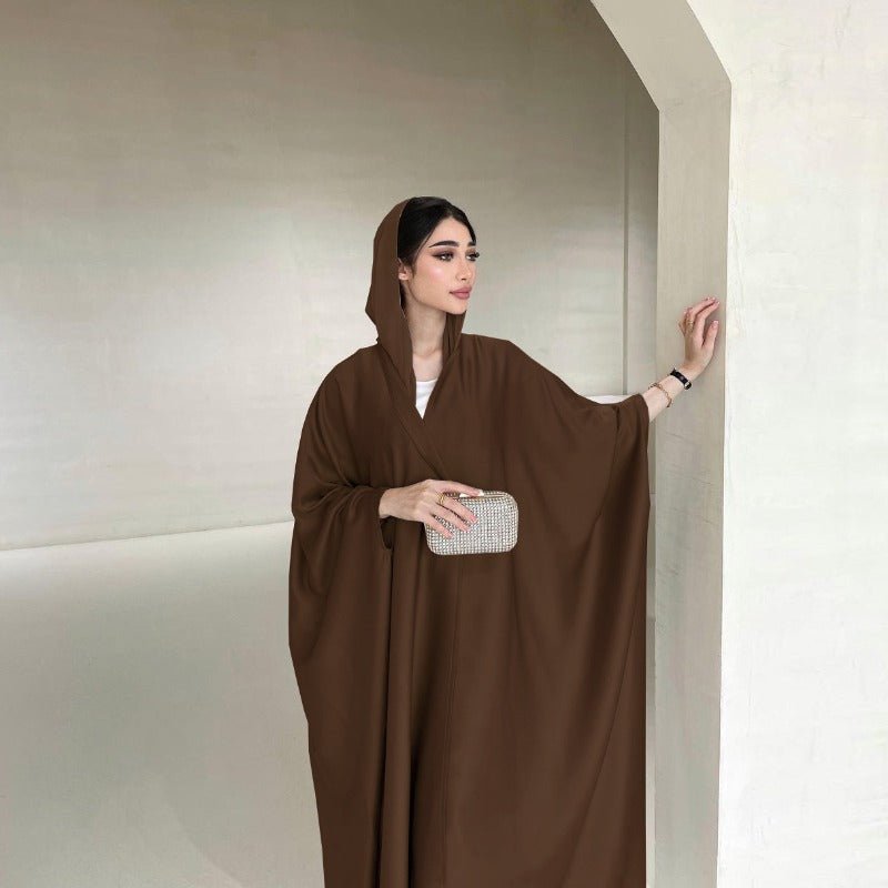 Soft Forged Bat Sleeve Abaya Robe | V-Neck Satin Cardigan Dress(MOA224)