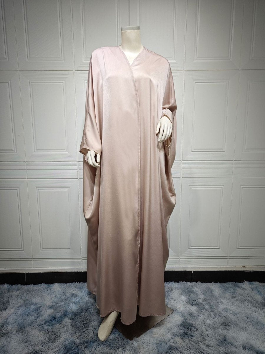 Soft Forged Bat Sleeve Abaya Robe | V-Neck Satin Cardigan Dress(MOA224)