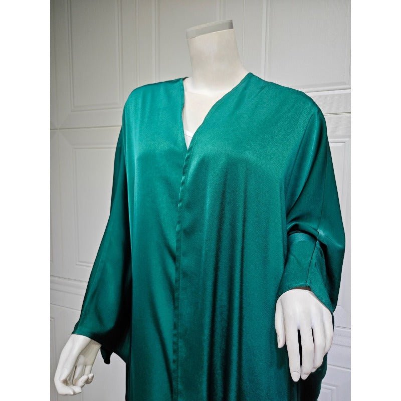 Soft Forged Bat Sleeve Abaya Robe | V-Neck Satin Cardigan Dress(MOA224)