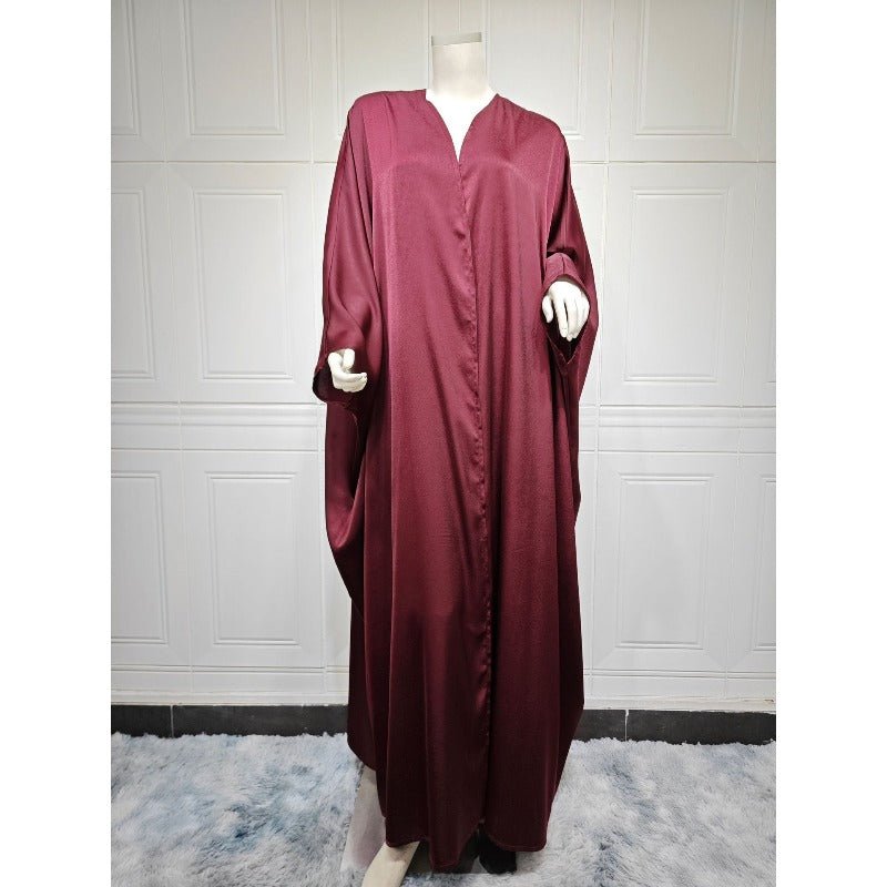 Soft Forged Bat Sleeve Abaya Robe | V-Neck Satin Cardigan Dress(MOA224)