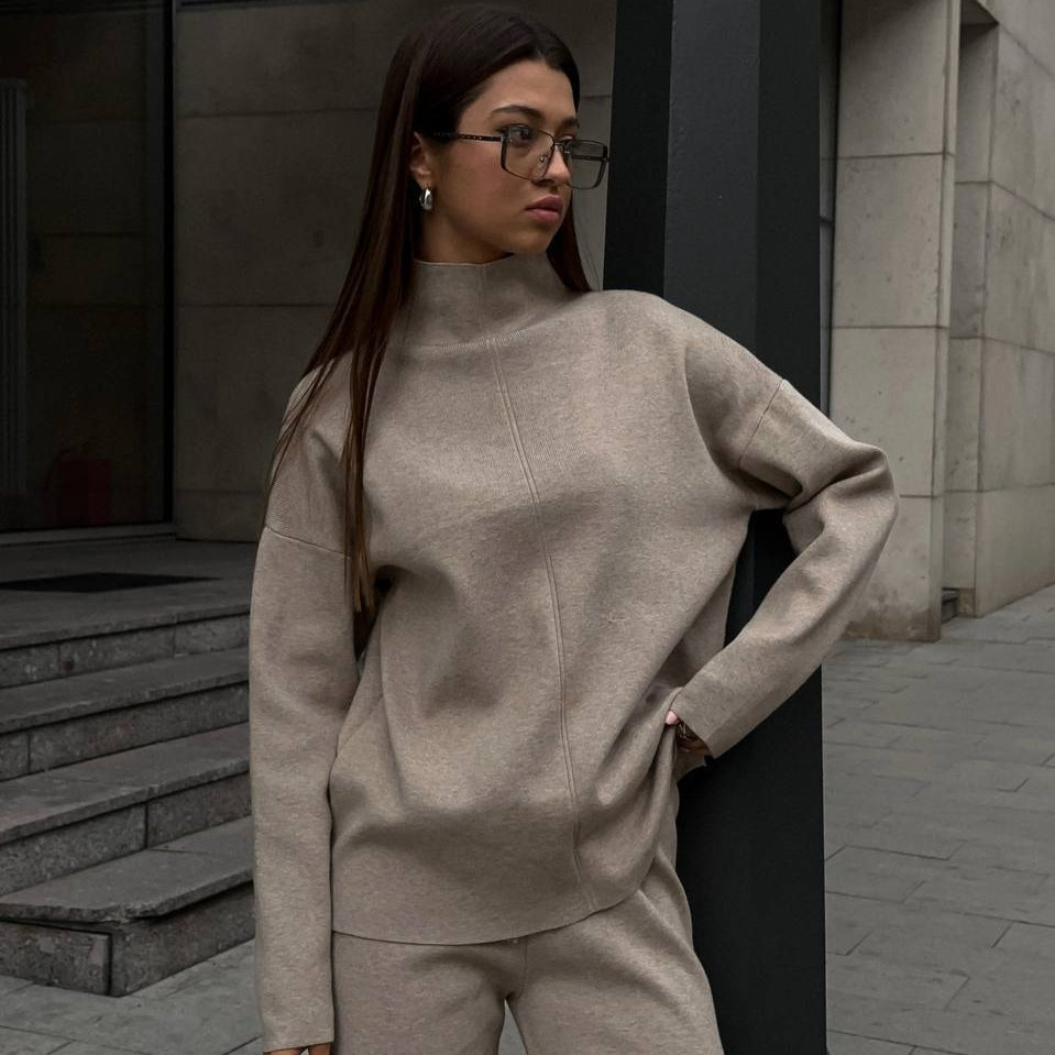Solid Color Asymmetric Tunic & Wide Leg Pants Set(MS174)