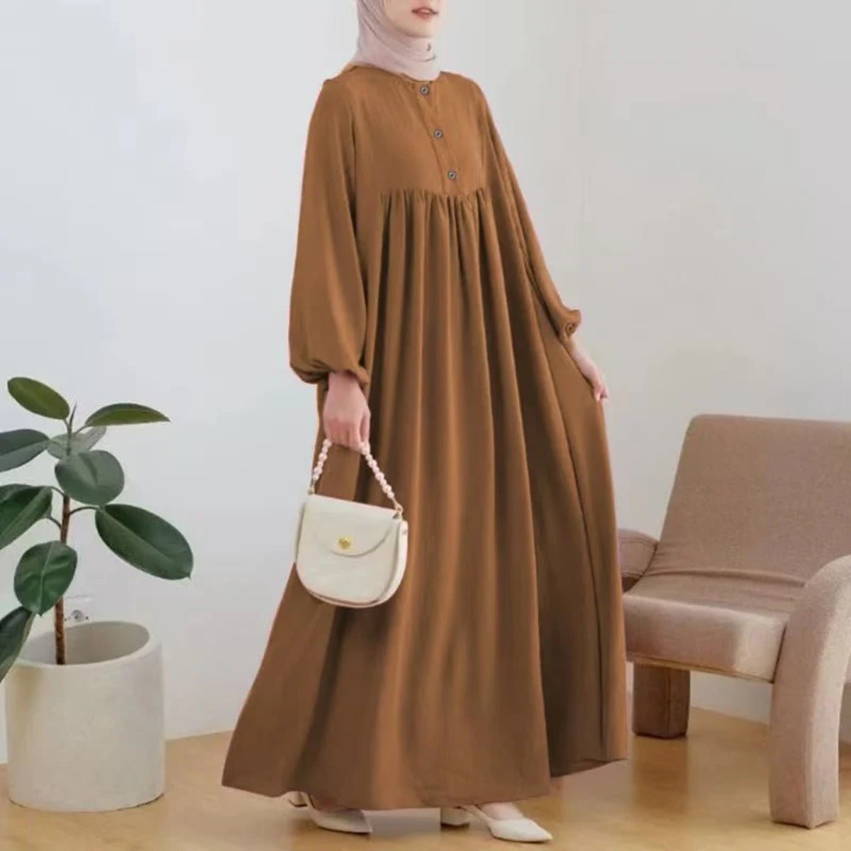 Solid Color Bubble Sleeve  with Button Casual & Elegant Long Maxi Dress Abaya (MA157)