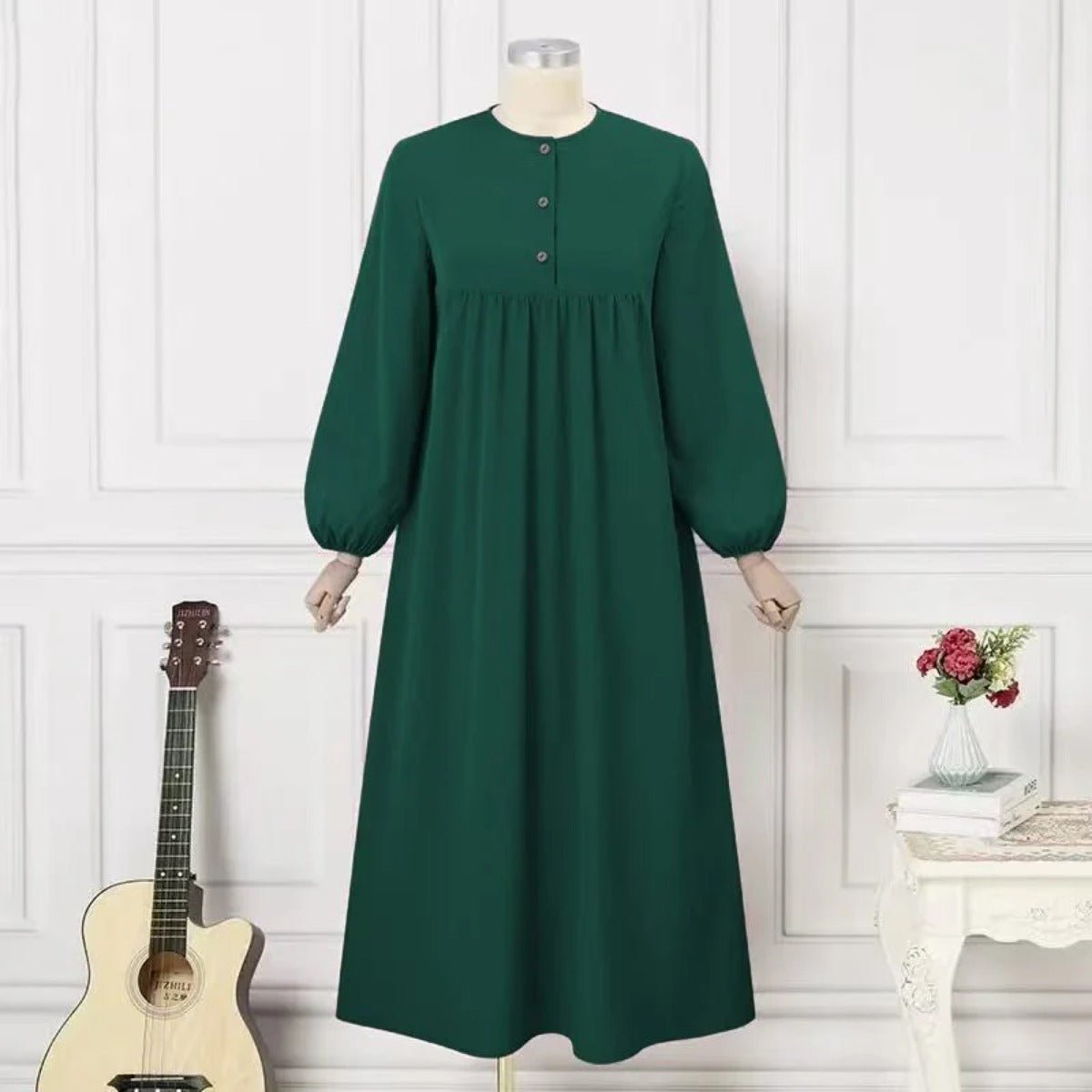 Solid Color Bubble Sleeve  with Button Casual & Elegant Long Maxi Dress Abaya (MA157)