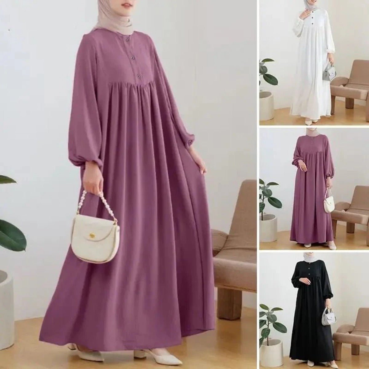 Solid Color Bubble Sleeve  with Button Casual & Elegant Long Maxi Dress Abaya (MA157)