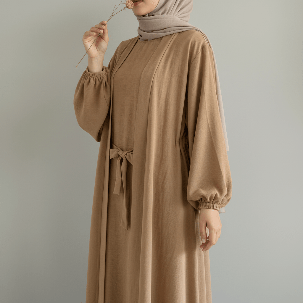 Solid Color Elegant Open Abaya with Pockets | 3-Piece Set Open Abaya (MOA092)