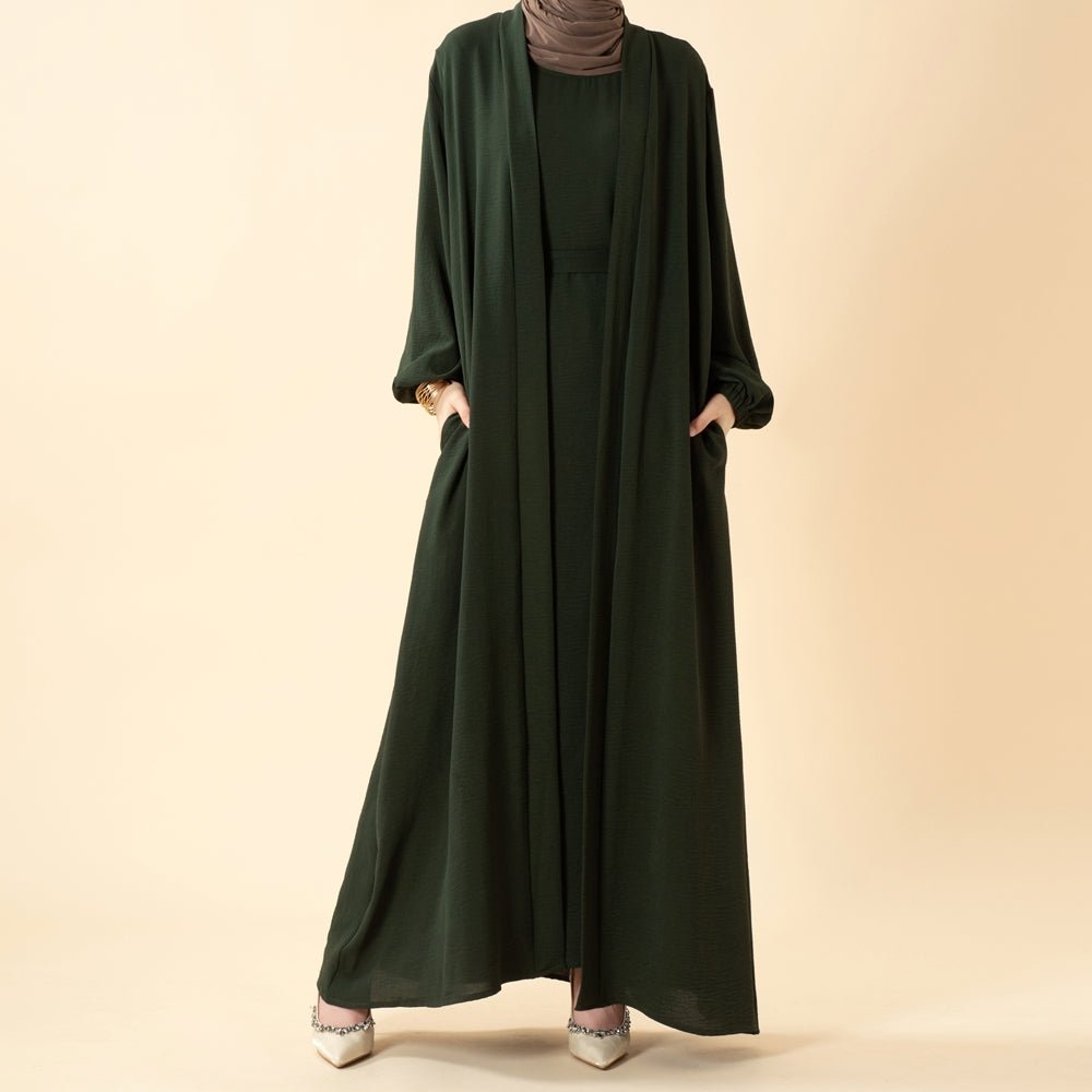 Solid Color Elegant Open Abaya with Pockets | 3-Piece Set Open Abaya (MOA092)