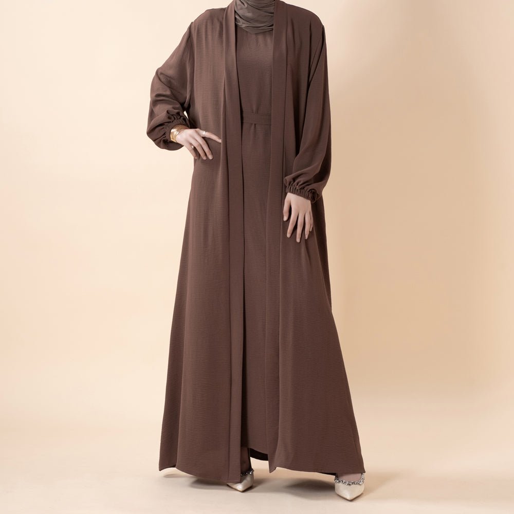 Solid Color Elegant Open Abaya with Pockets | 3-Piece Set Open Abaya (MOA092)