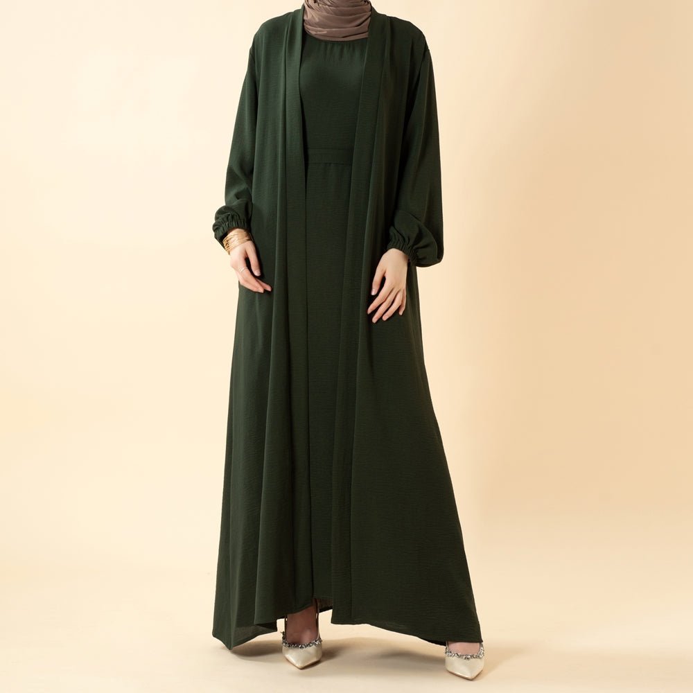 Solid Color Elegant Open Abaya with Pockets | 3-Piece Set Open Abaya (MOA092)