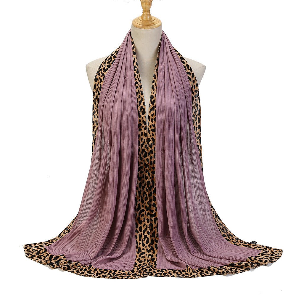 Solid Color Leopard-Print Embellished Crinkle Scarf Hijab (MH181)