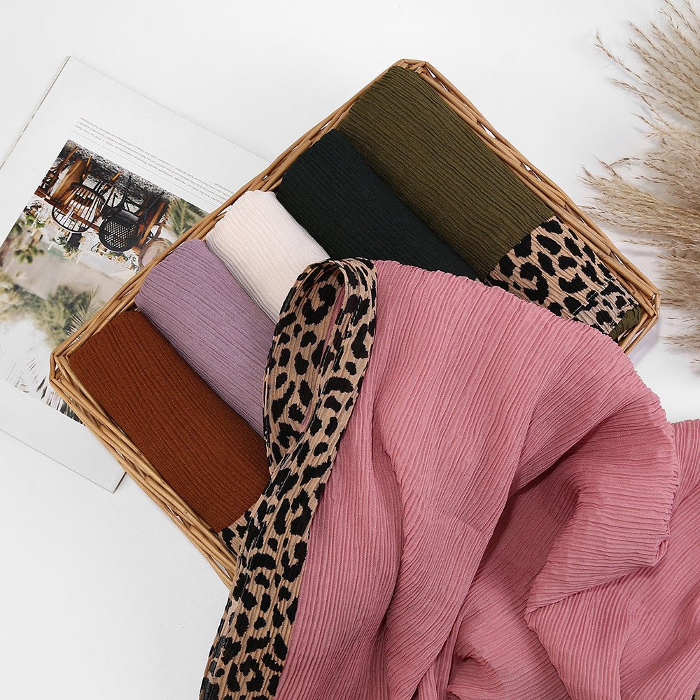 Solid Color Leopard-Print Embellished Crinkle Scarf Hijab (MH181)