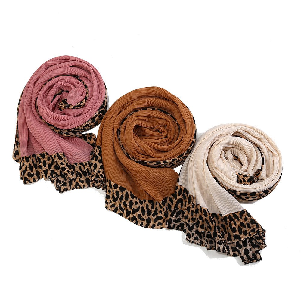 Solid Color Leopard-Print Embellished Crinkle Scarf Hijab (MH181)