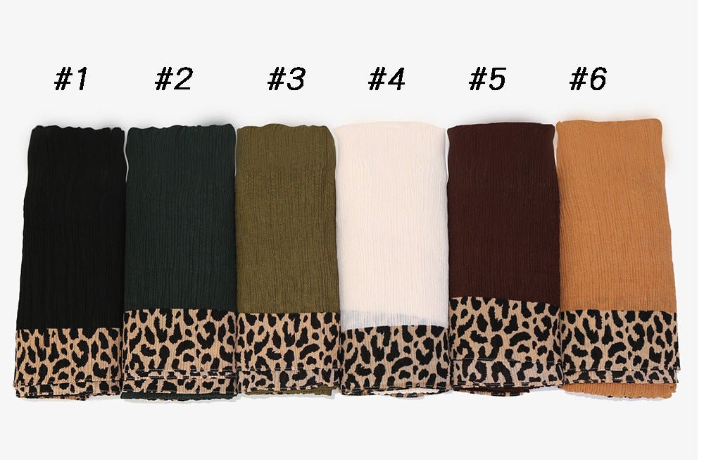 Solid Color Leopard-Print Embellished Crinkle Scarf Hijab (MH181)