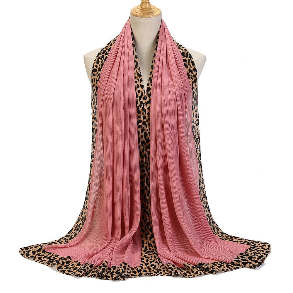 Solid Color Leopard-Print Embellished Crinkle Scarf Hijab (MH181)
