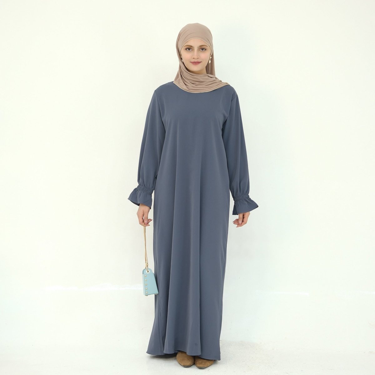 Solid Color Modest Robe Dress Two-Piece Set – Muslim Abaya with Puff Sleeves(MA275)