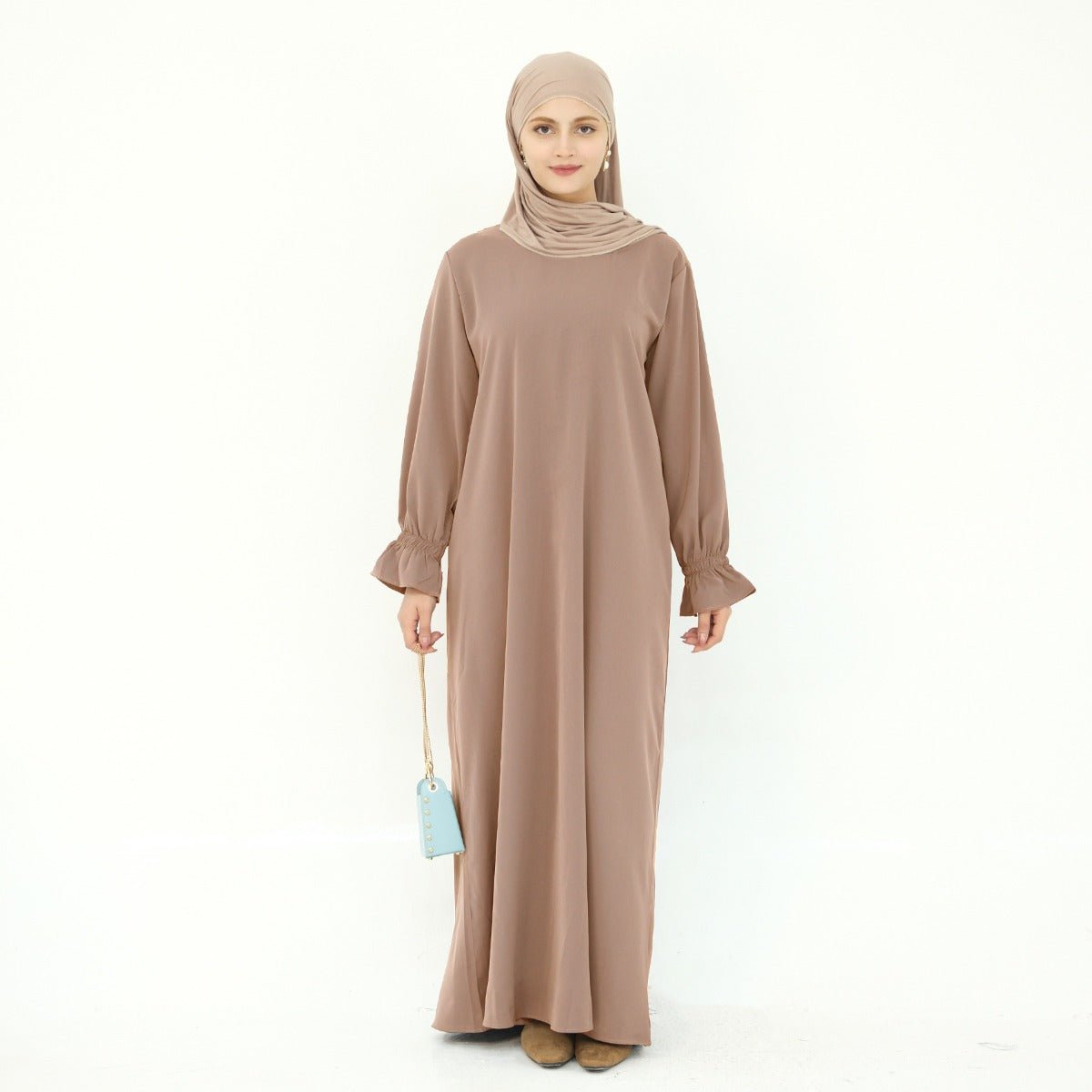 Solid Color Modest Robe Dress Two-Piece Set – Muslim Abaya with Puff Sleeves(MA275)