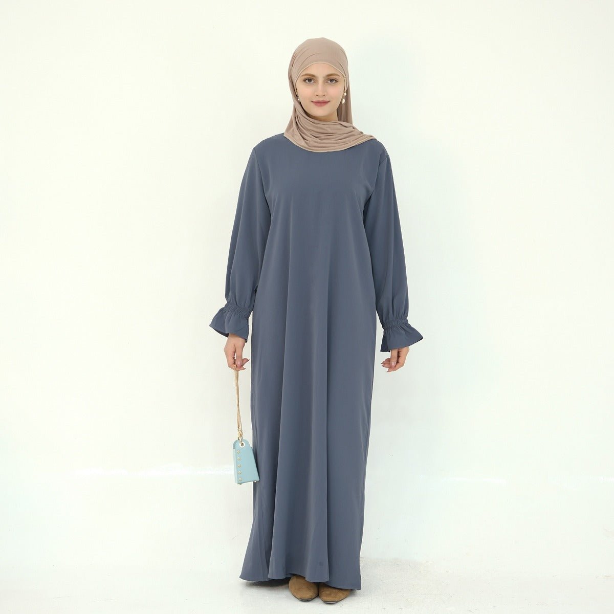 Solid Color Modest Robe Dress Two-Piece Set – Muslim Abaya with Puff Sleeves(MA275)