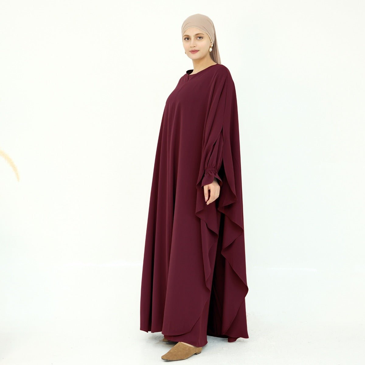 Solid Color Modest Robe Dress Two-Piece Set – Muslim Abaya with Puff Sleeves(MA275)
