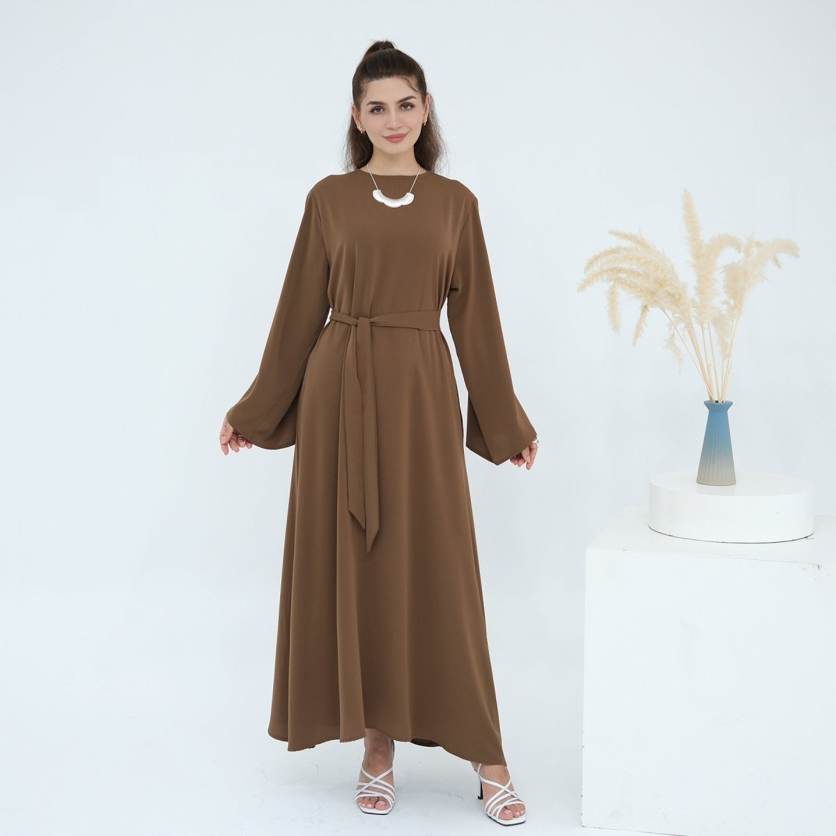 Solid Color Nida Abaya with Belt | A-Line Maxi Dress Abaya (MA359)