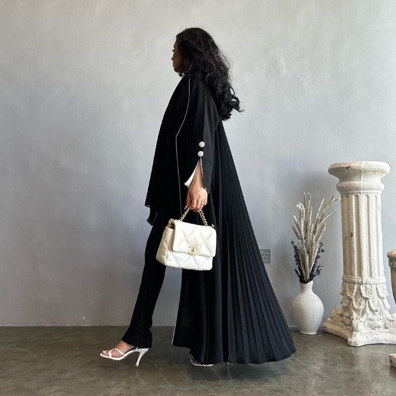 Autumn & Winter Long Dress with Open Front | Solid Color Pleated Abaya Cardigan (MOA218)