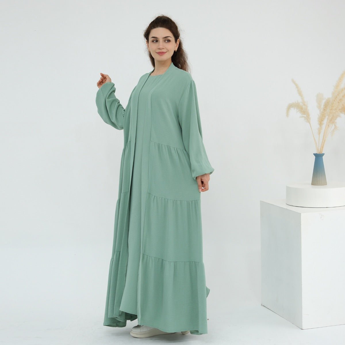 Solid Color Puff Sleeve Layered Maxi Dress Robe Dress Two-Piece Set (MOA165)